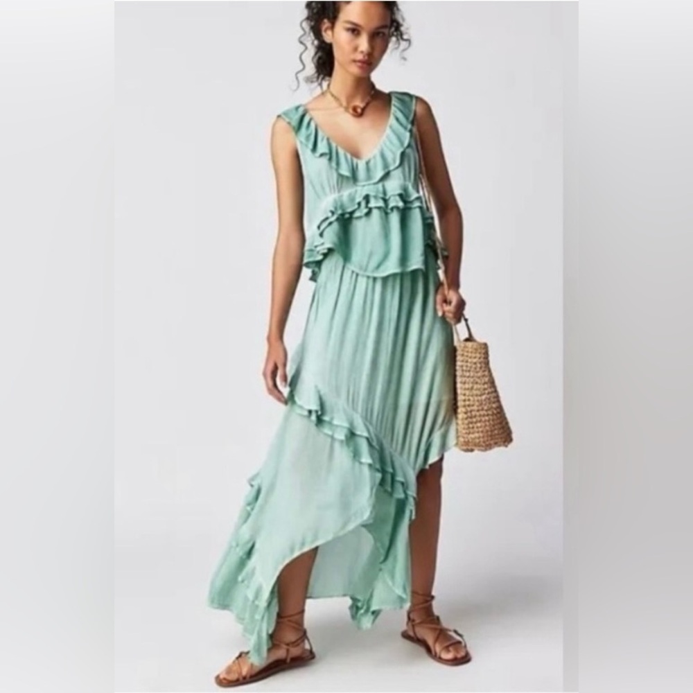 New Free People If Only Skirt Set Harbor Mint Rayon Gauze Biased Ruffle Sz M